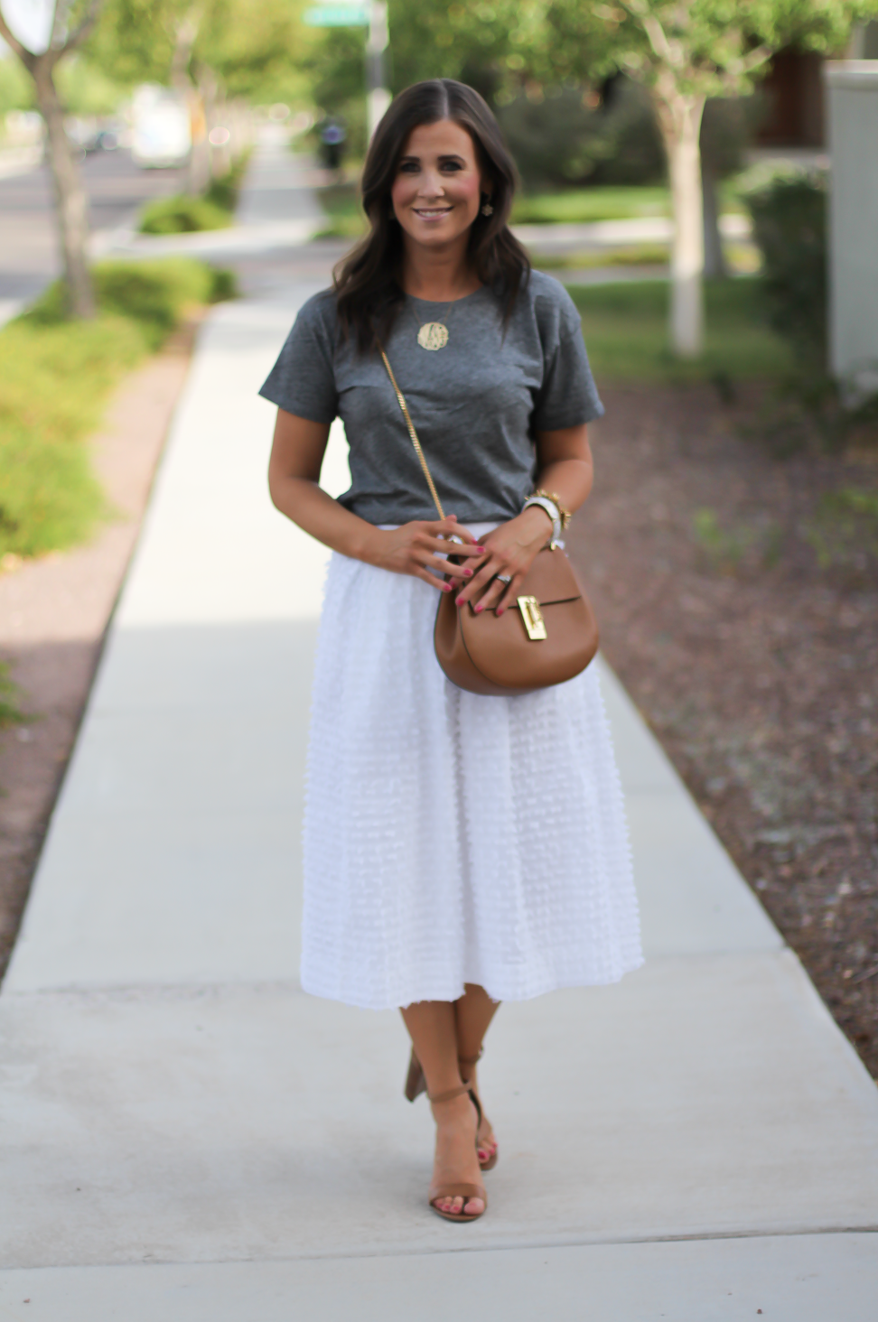 White Midi Skirt, Grey Tee, Tan Strappy Heels, Tan Chain Strap Bag, J.Crew, Madewell, Steve Madden, Chloe 9