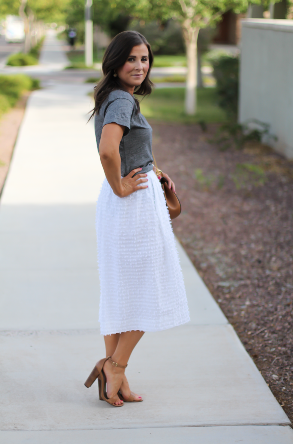 White Midi Skirt, Grey Tee, Tan Strappy Heels, Tan Chain Strap Bag, J.Crew, Madewell, Steve Madden, Chloe