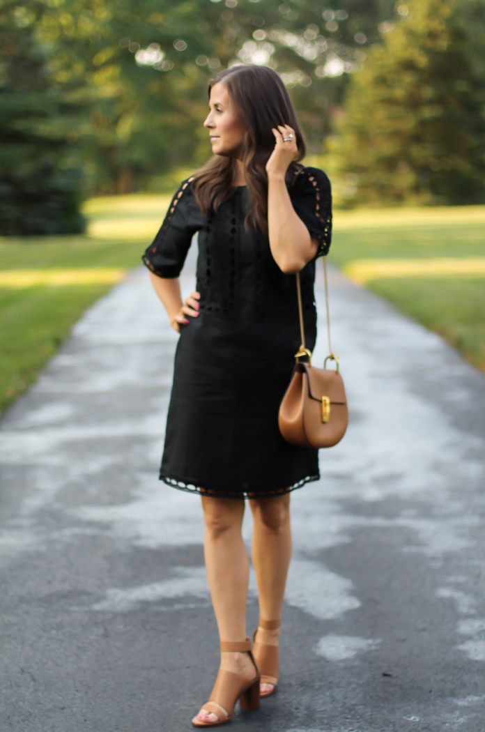 black dress with tan shoes