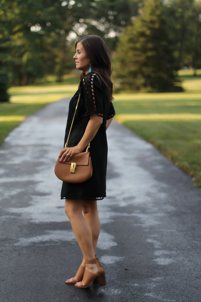 Black Linen Lace Dress, Tan Strap Block Heel Sandal, Chain Strap Tan Leather Bag, Ann Taylor, Zimmermann, Chloe 13