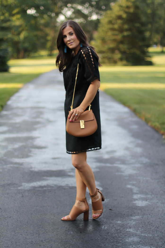 Black Linen Lace Dress, Tan Strap Block Heel Sandal, Chain Strap Tan Leather Bag, Ann Taylor, Zimmermann, Chloe 14