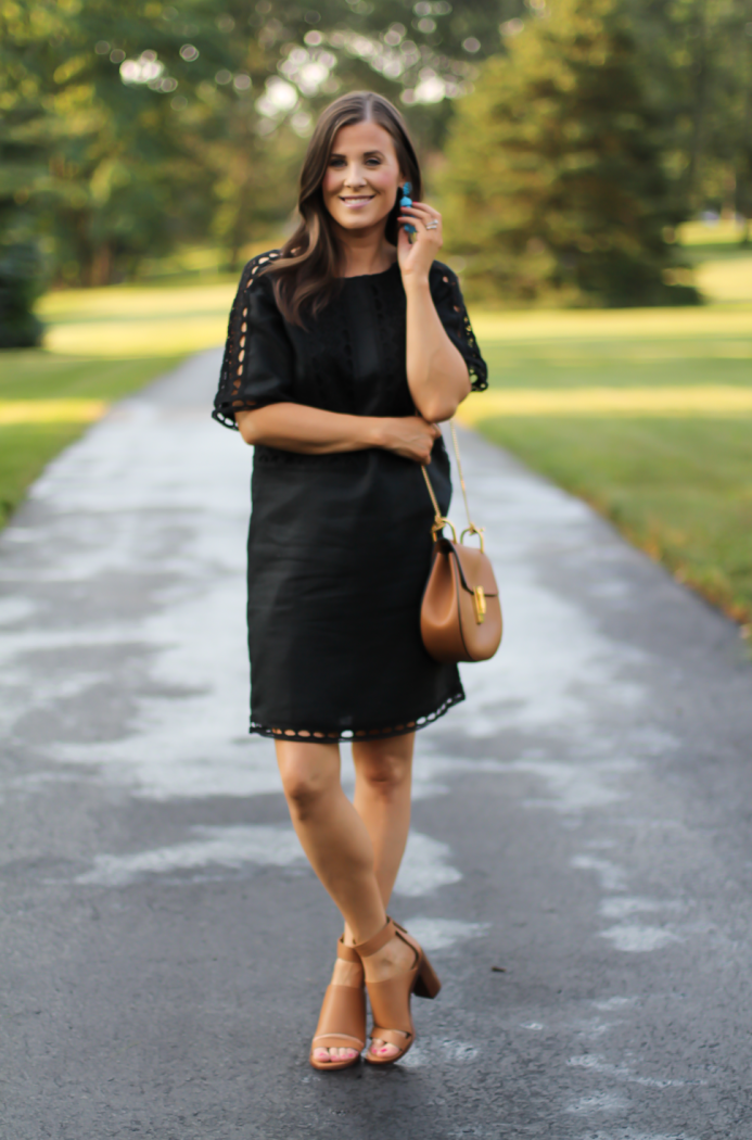 Black Linen Lace Dress, Tan Strap Block Heel Sandal, Chain Strap Tan Leather Bag, Ann Taylor, Zimmermann, Chloe 15