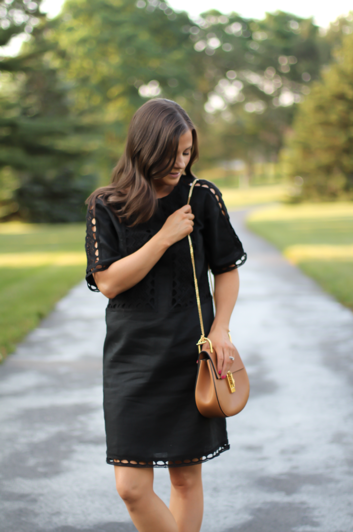 Black Linen Lace Dress, Tan Strap Block Heel Sandal, Chain Strap Tan Leather Bag, Ann Taylor, Zimmermann, Chloe 3