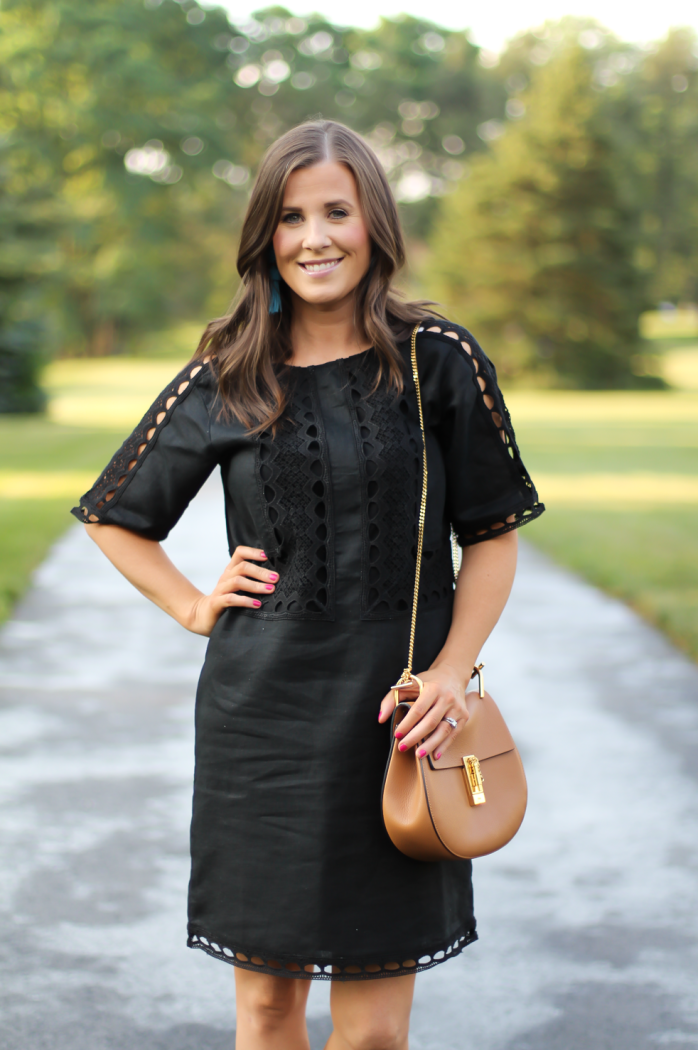 Black Linen Lace Dress, Tan Strap Block Heel Sandal, Chain Strap Tan Leather Bag, Ann Taylor, Zimmermann, Chloe 4