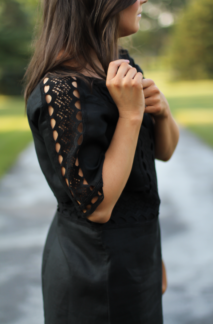 Black Linen Lace Dress, Tan Strap Block Heel Sandal, Chain Strap Tan Leather Bag, Ann Taylor, Zimmermann, Chloe 5