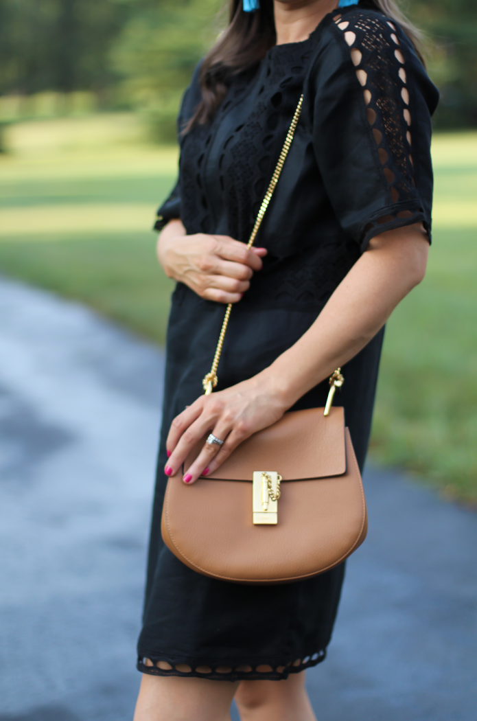 Black Linen Lace Dress, Tan Strap Block Heel Sandal, Chain Strap Tan Leather Bag, Ann Taylor, Zimmermann, Chloe 6