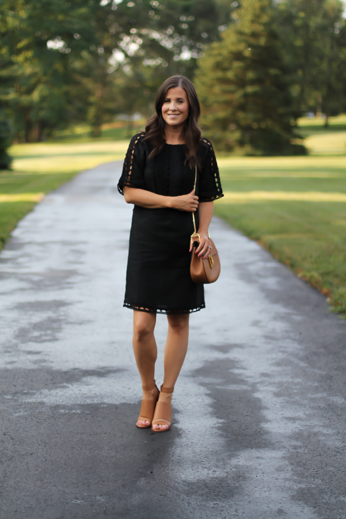 Black Linen Lace Dress, Tan Strap Block Heel Sandal, Chain Strap Tan Leather Bag, Ann Taylor, Zimmermann, Chloe