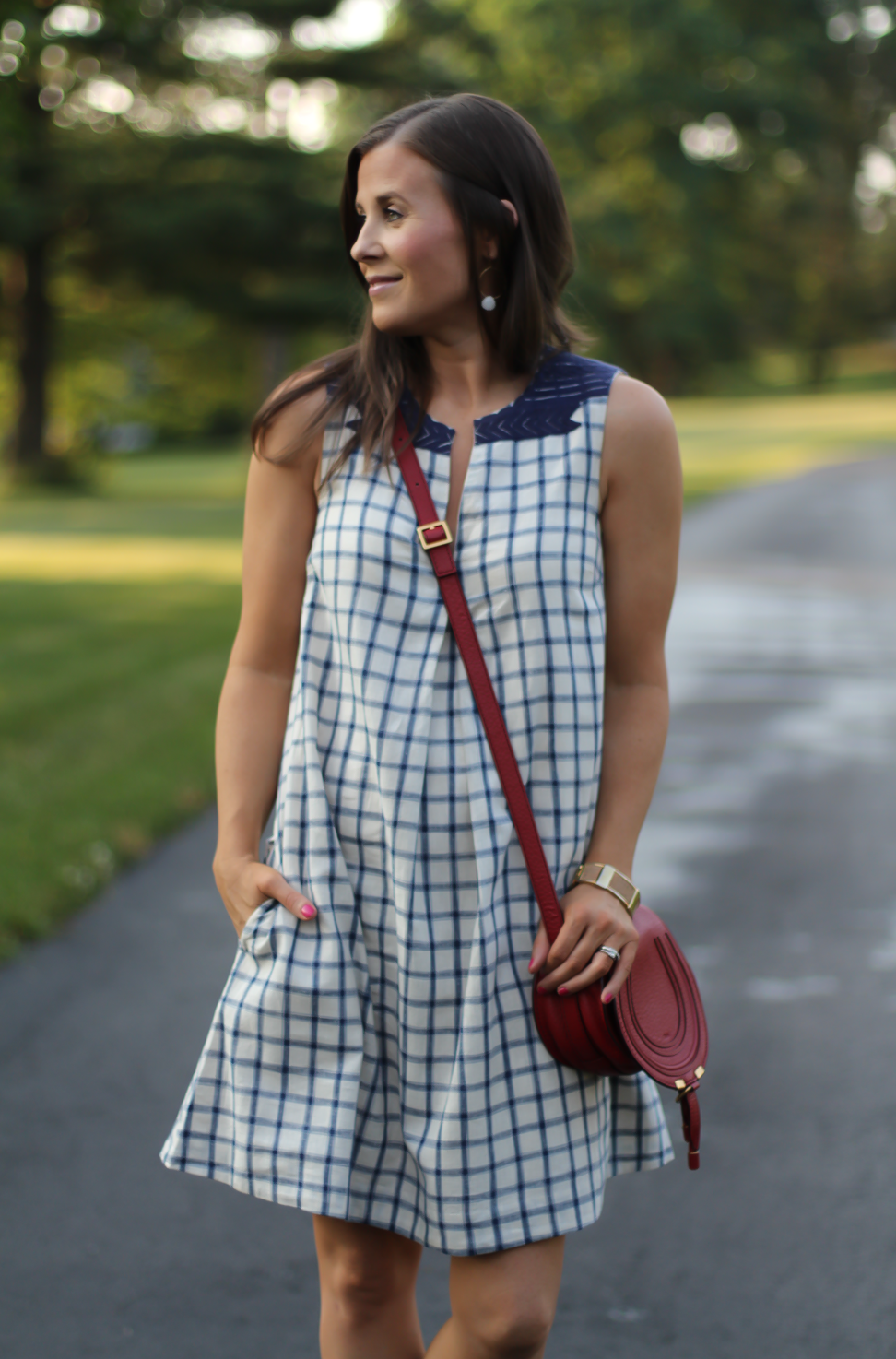 Blue Embroidered Plaid Dress, Red Saddlebag Crossbody, Tan Strap Sandals, Madewell, Chloe, Zimmermann 10