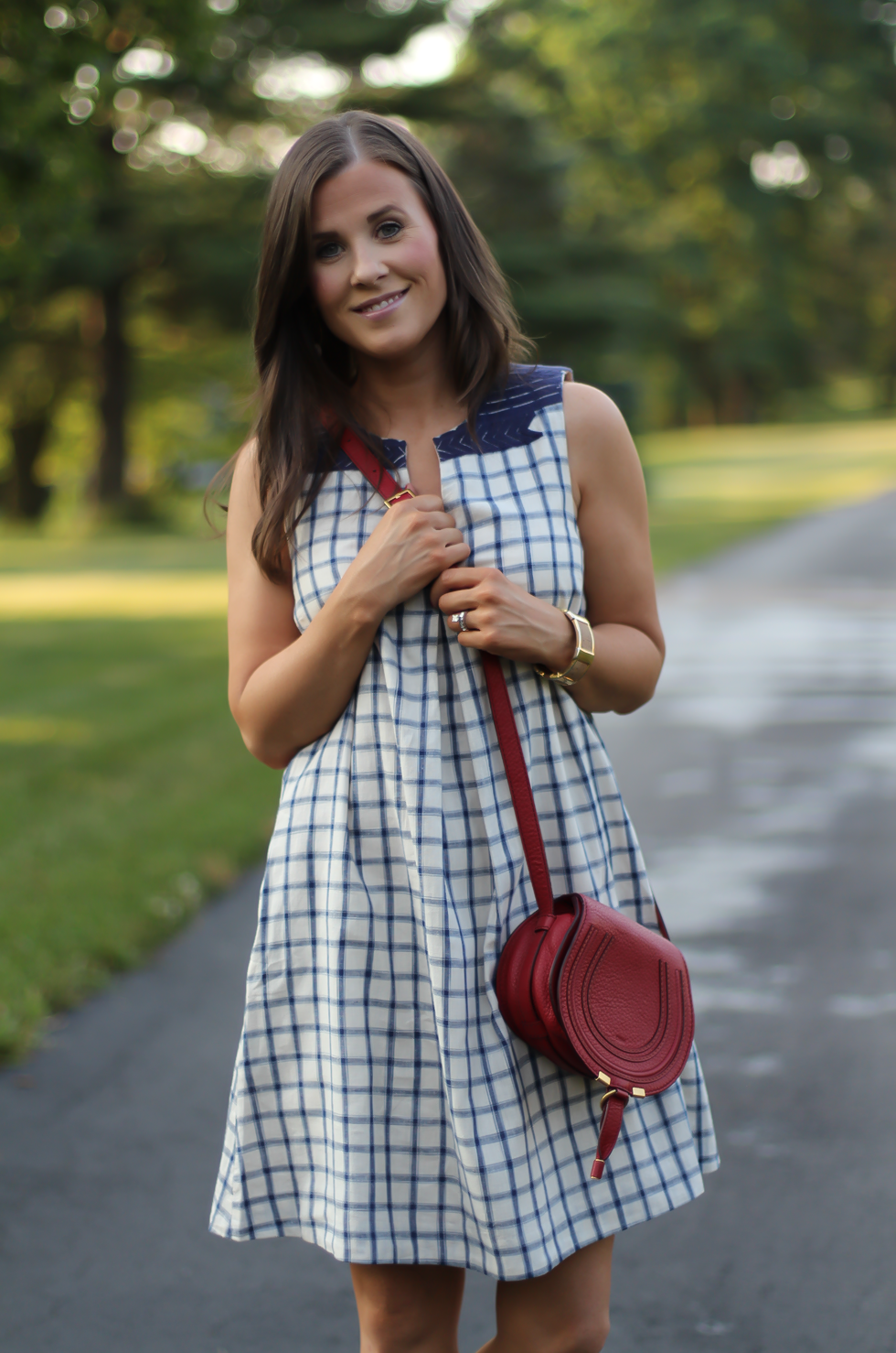 Blue Embroidered Plaid Dress, Red Saddlebag Crossbody, Tan Strap Sandals, Madewell, Chloe, Zimmermann 11