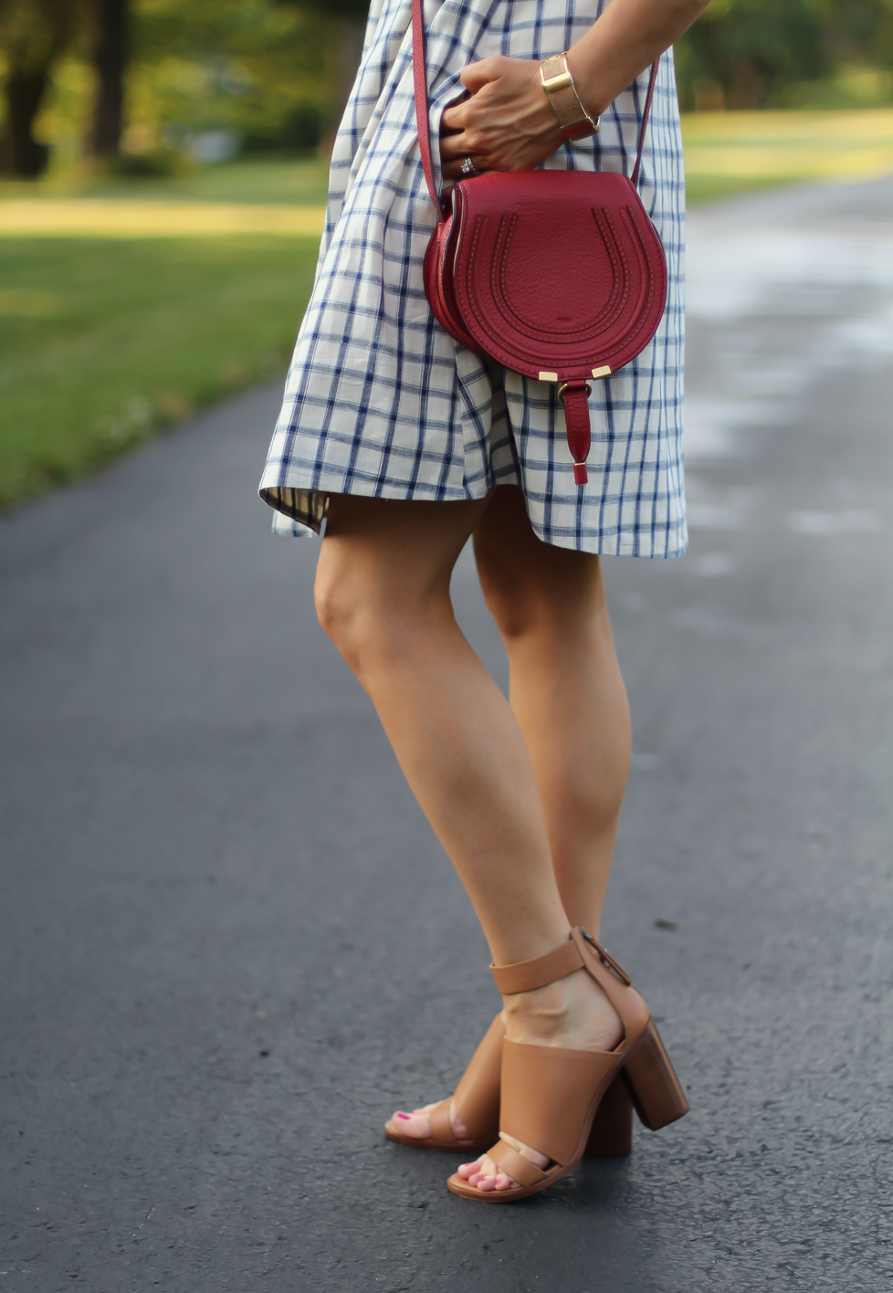 Blue Embroidered Plaid Dress, Red Saddlebag Crossbody, Tan Strap Sandals, Madewell, Chloe, Zimmermann 13