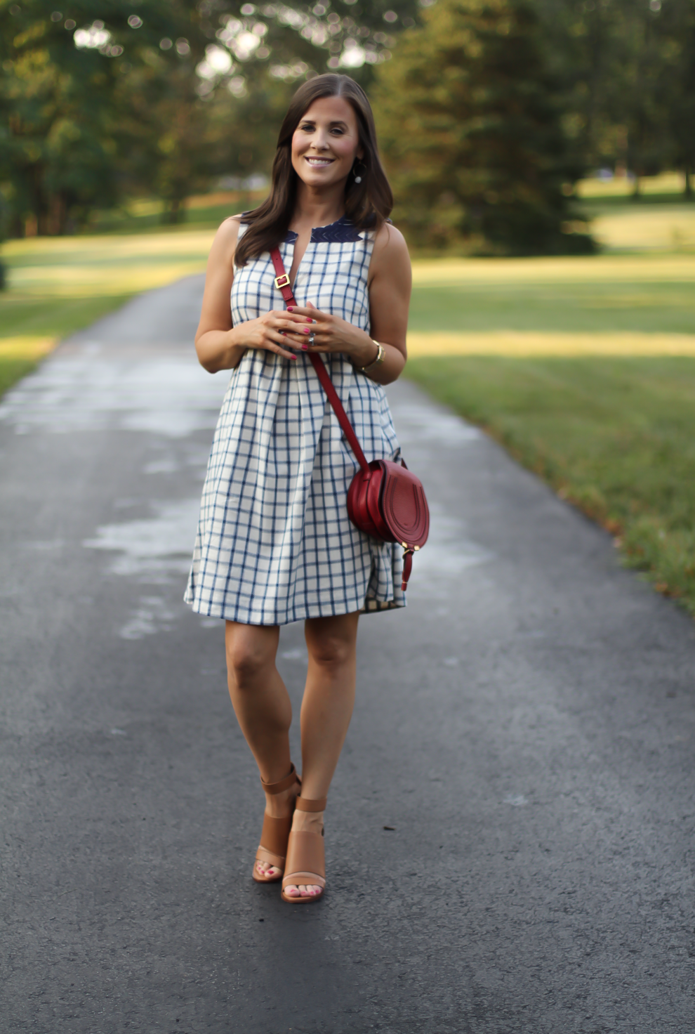 Blue Embroidered Plaid Dress, Red Saddlebag Crossbody, Tan Strap Sandals, Madewell, Chloe, Zimmermann 2