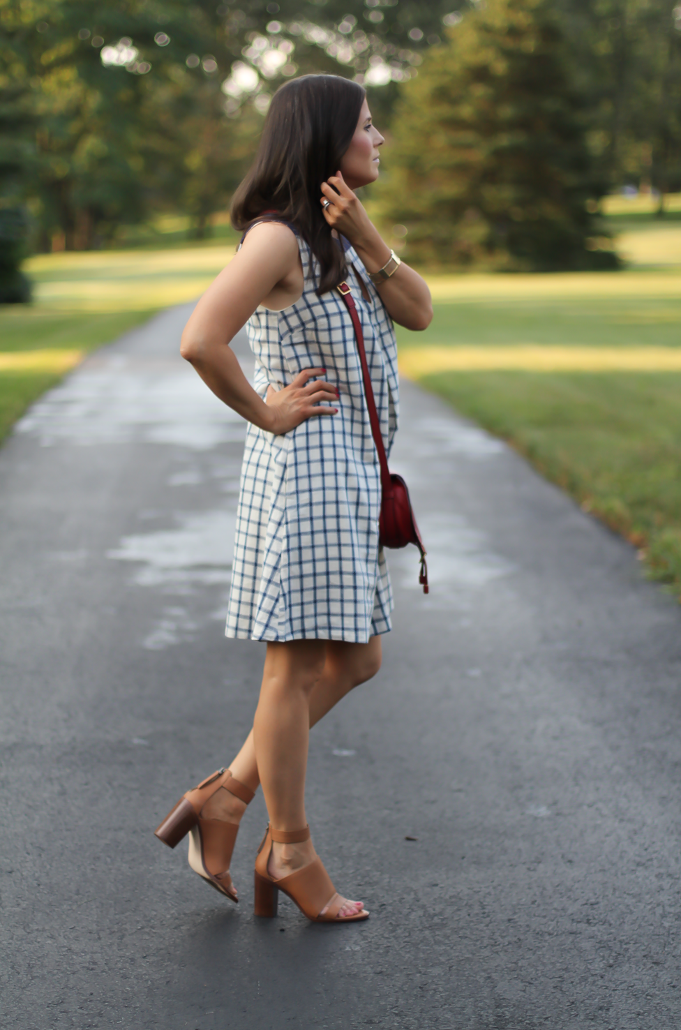 Blue Embroidered Plaid Dress, Red Saddlebag Crossbody, Tan Strap Sandals, Madewell, Chloe, Zimmermann 4