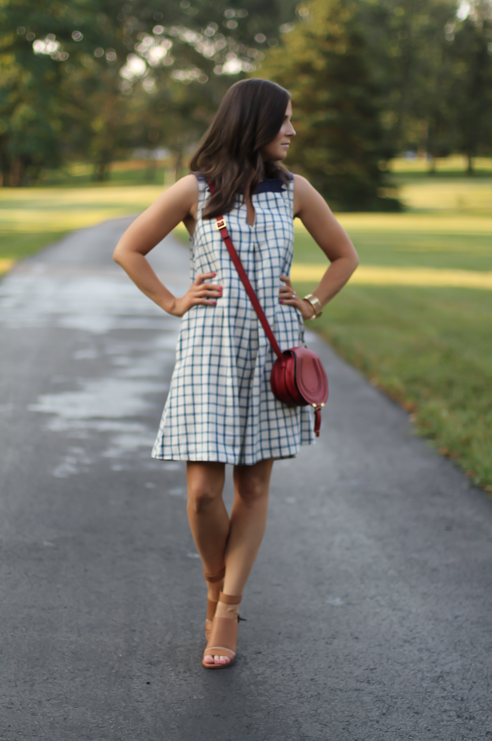 Blue Embroidered Plaid Dress, Red Saddlebag Crossbody, Tan Strap Sandals, Madewell, Chloe, Zimmermann 6