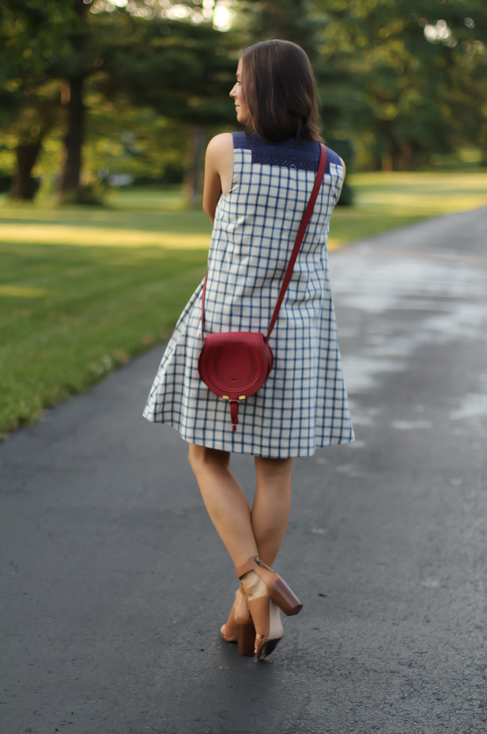 Blue Embroidered Plaid Dress, Red Saddlebag Crossbody, Tan Strap Sandals, Madewell, Chloe, Zimmermann 7