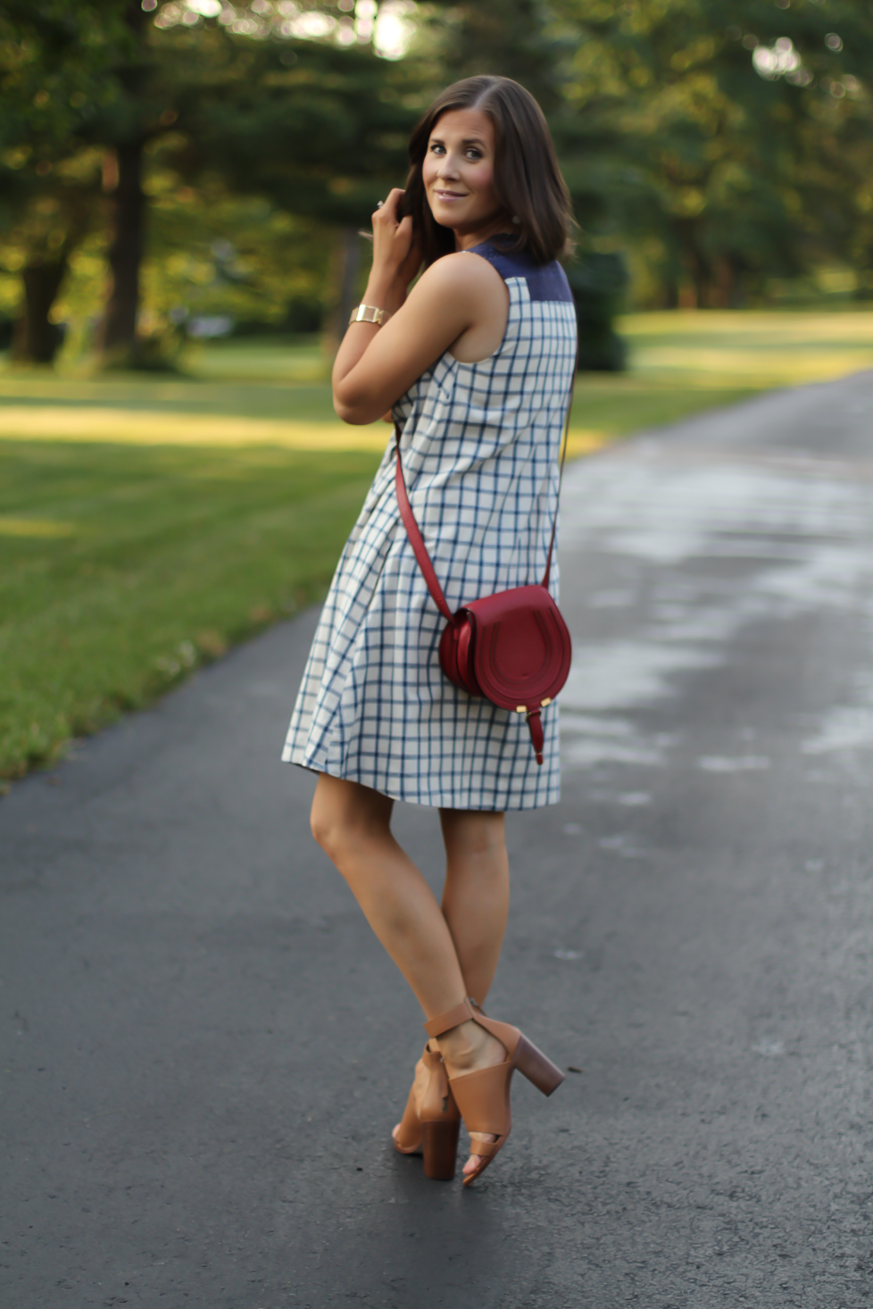 Blue Embroidered Plaid Dress, Red Saddlebag Crossbody, Tan Strap Sandals, Madewell, Chloe, Zimmermann 8