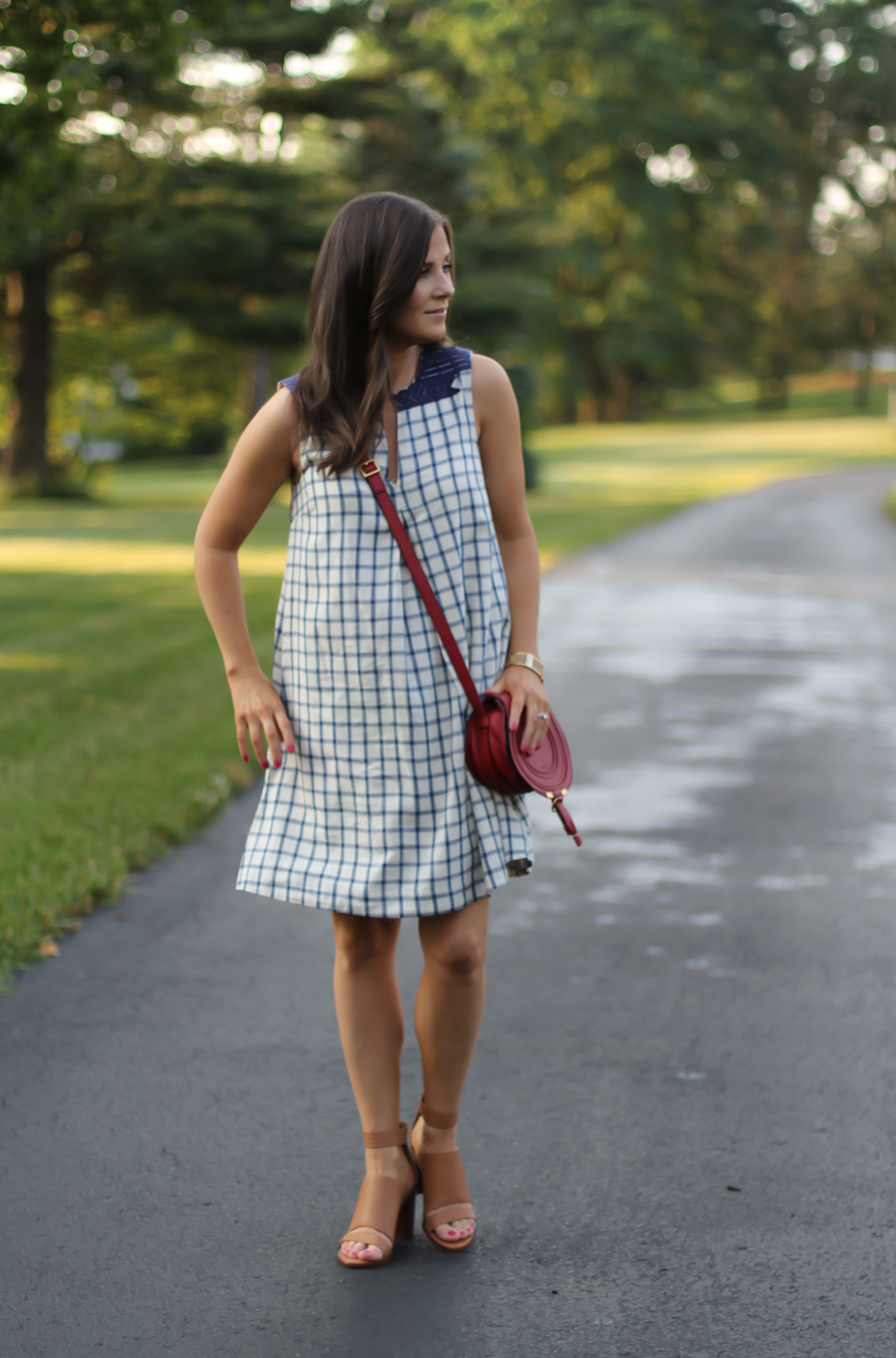 Blue Embroidered Plaid Dress, Red Saddlebag Crossbody, Tan Strap Sandals, Madewell, Chloe, Zimmermann 9