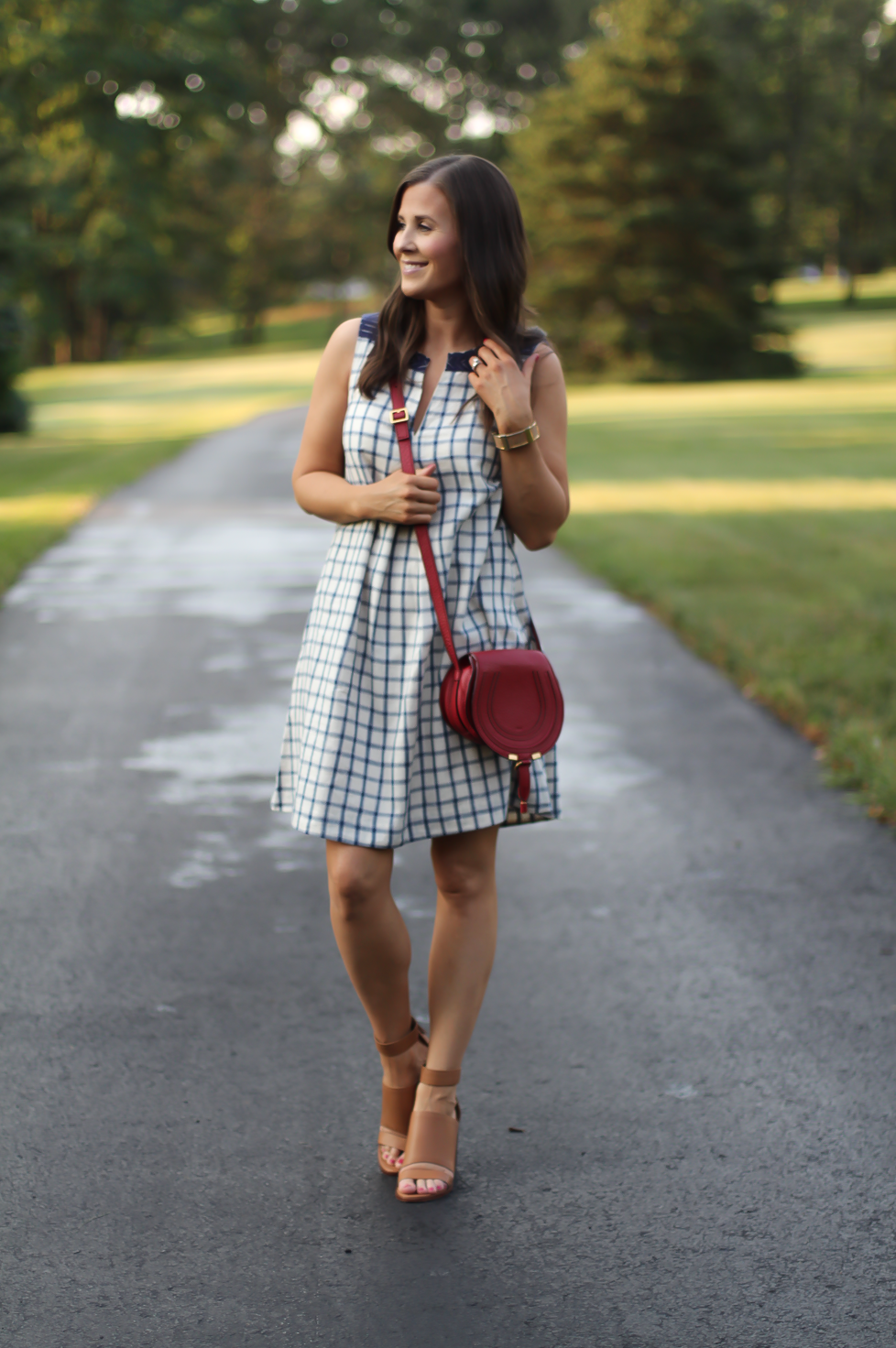 Blue Embroidered Plaid Dress, Red Saddlebag Crossbody, Tan Strap Sandals, Madewell, Chloe, Zimmermann