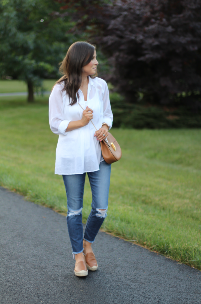 White Summer Tunic Blouse, Distressed Jeans, Tan Leather Espadrille Flats, Tan Chain Strap Crossbody Bag, Loft, Joe's Jeans, Soludos 10