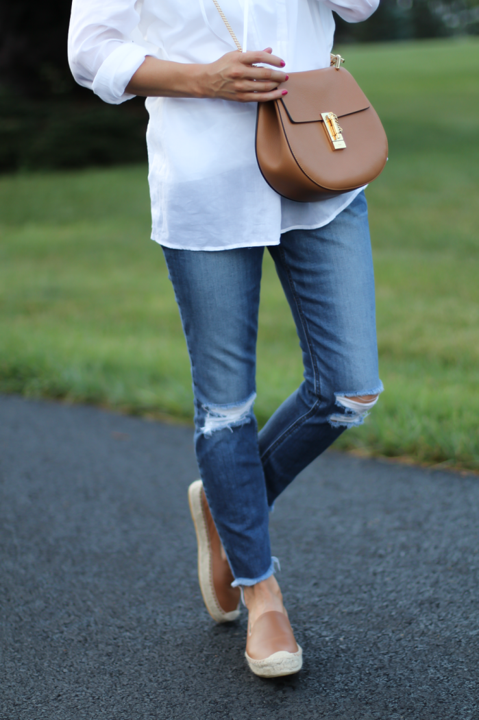 White Summer Tunic Blouse, Distressed Jeans, Tan Leather Espadrille Flats, Tan Chain Strap Crossbody Bag, Loft, Joe's Jeans, Soludos 12