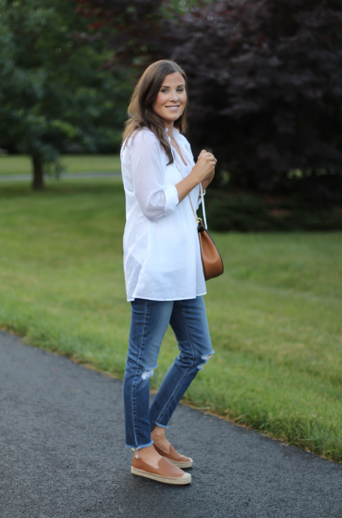 White Summer Tunic Blouse, Distressed Jeans, Tan Leather Espadrille Flats, Tan Chain Strap Crossbody Bag, Loft, Joe's Jeans, Soludos 2