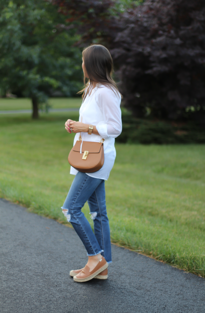 White Summer Tunic Blouse, Distressed Jeans, Tan Leather Espadrille Flats, Tan Chain Strap Crossbody Bag, Loft, Joe's Jeans, Soludos 5