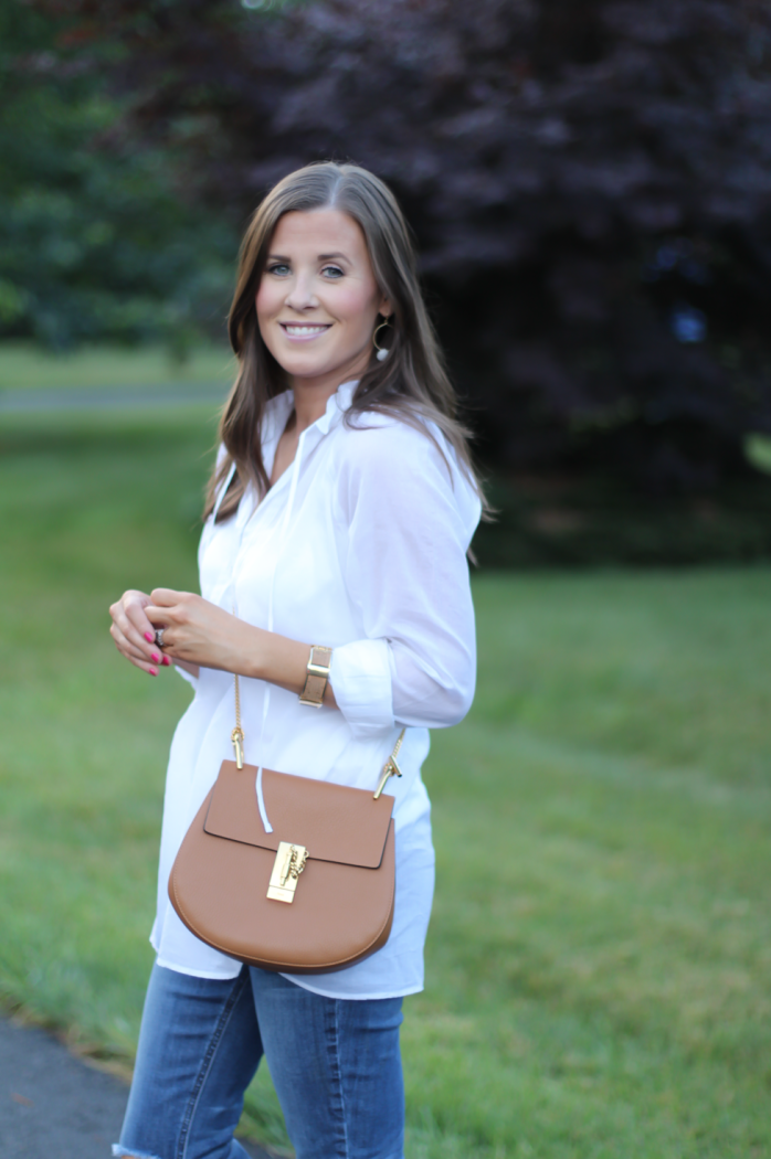 White Summer Tunic Blouse, Distressed Jeans, Tan Leather Espadrille Flats, Tan Chain Strap Crossbody Bag, Loft, Joe's Jeans, Soludos 6