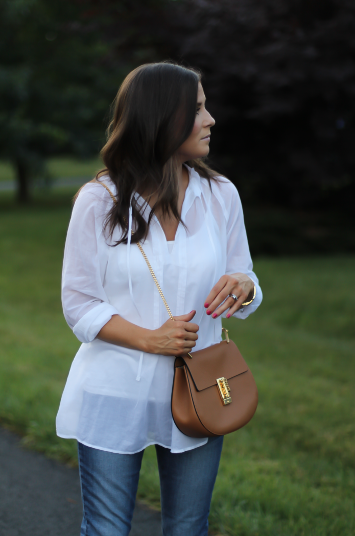 White Summer Tunic Blouse, Distressed Jeans, Tan Leather Espadrille Flats, Tan Chain Strap Crossbody Bag, Loft, Joe's Jeans, Soludos 9