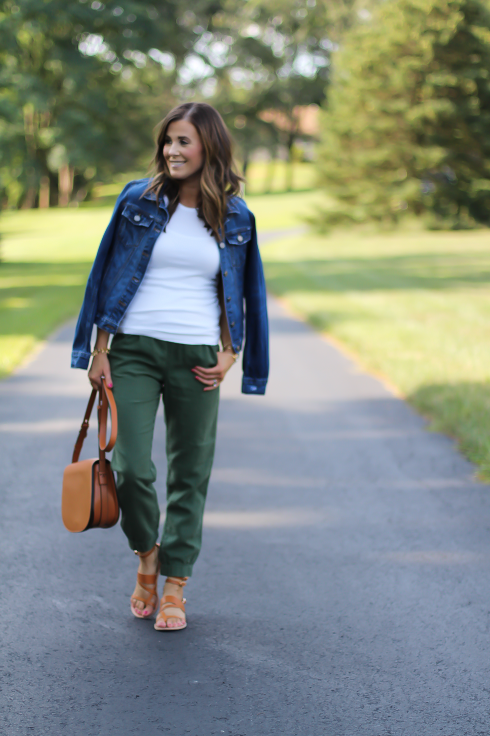 Army Green Joggers, White Sleeveless Shell Tee, Gladiator Sandals, Saddle Bag, J.Crew, tory Burch, Ancient Gladiator 1