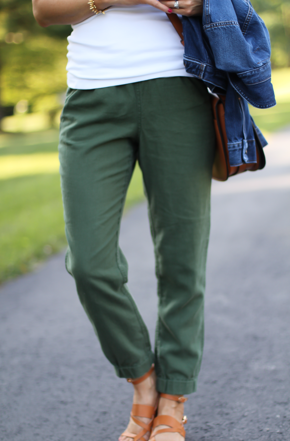 Army Green Joggers, White Sleeveless Shell Tee, Gladiator Sandals, Saddle Bag, J.Crew, tory Burch, Ancient Gladiator 10