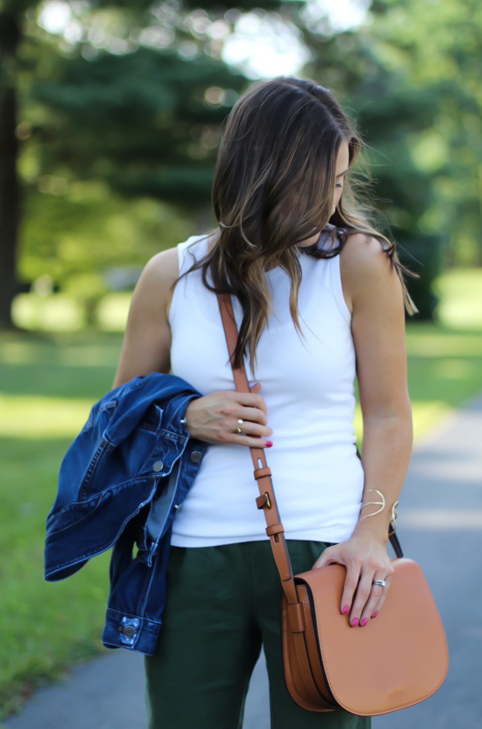 Army Green Joggers, White Sleeveless Shell Tee, Gladiator Sandals, Saddle Bag, J.Crew, tory Burch, Ancient Gladiator 13