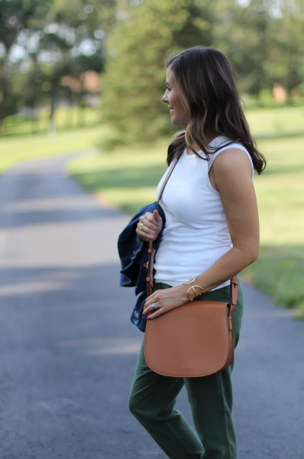 Army Green Joggers, White Sleeveless Shell Tee, Gladiator Sandals, Saddle Bag, J.Crew, tory Burch, Ancient Gladiator 16