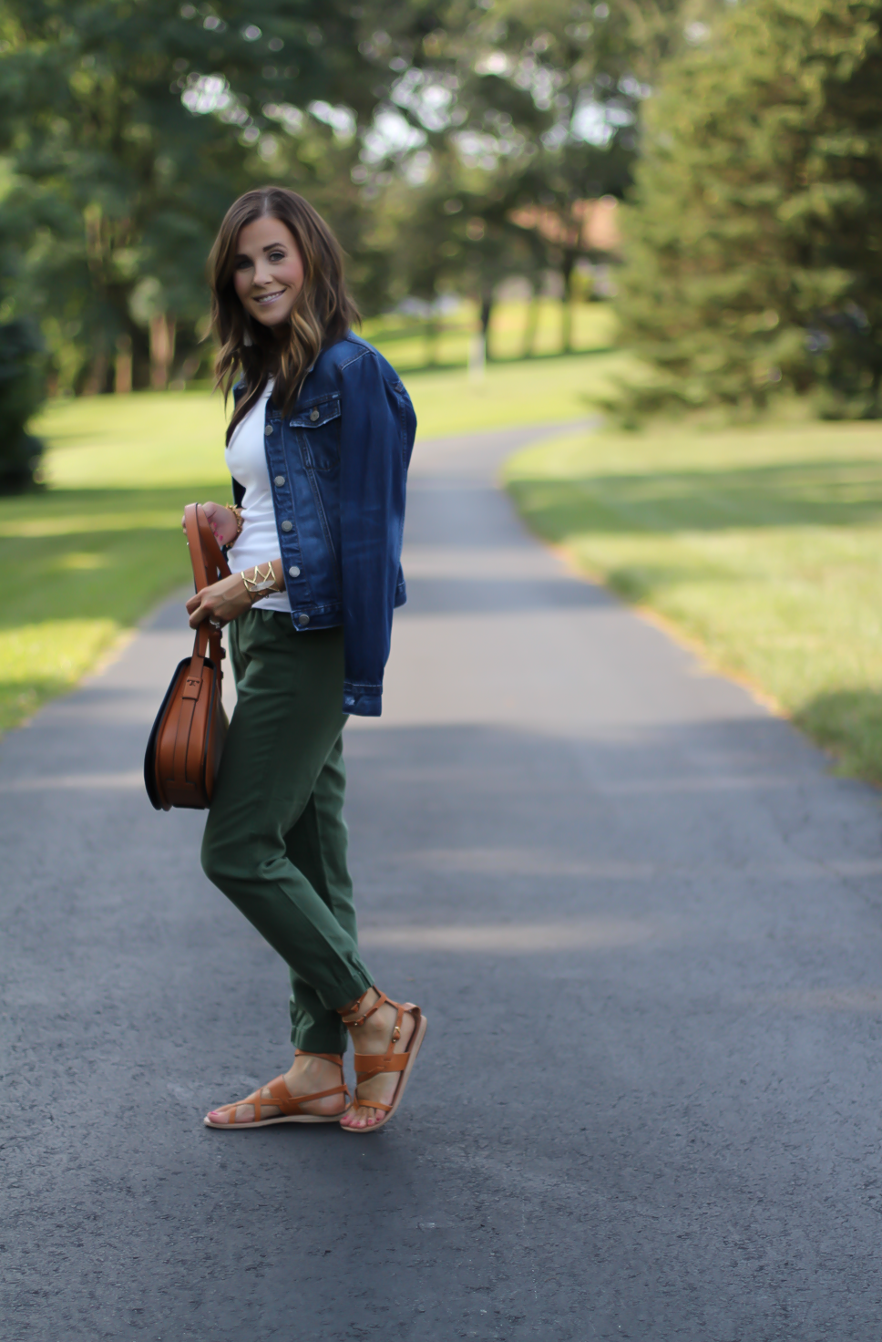 Army Green Joggers, White Sleeveless Shell Tee, Gladiator Sandals, Saddle Bag, J.Crew, tory Burch, Ancient Gladiator 3