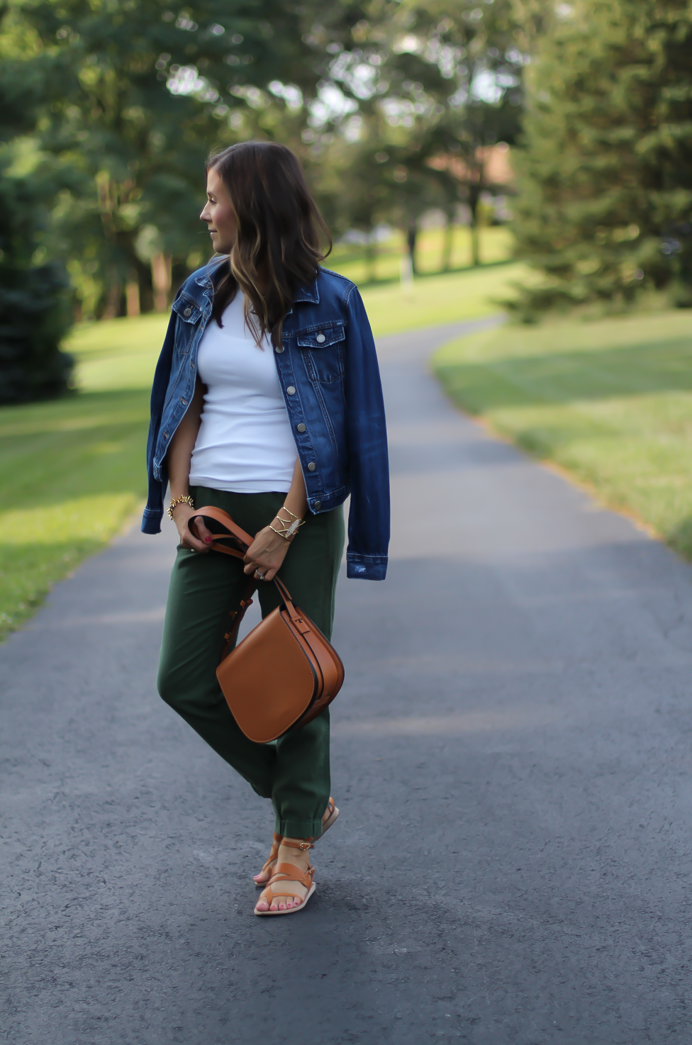 Army Green Joggers, White Sleeveless Shell Tee, Gladiator Sandals, Saddle Bag, J.Crew, tory Burch, Ancient Gladiator 4