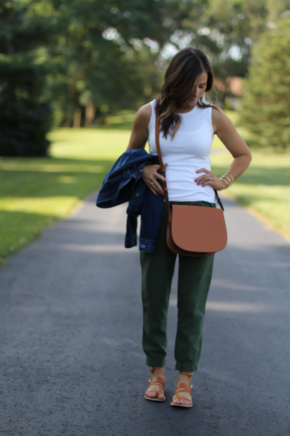 Army Green Joggers, White Sleeveless Shell Tee, Gladiator Sandals, Saddle Bag, J.Crew, tory Burch, Ancient Gladiator 5