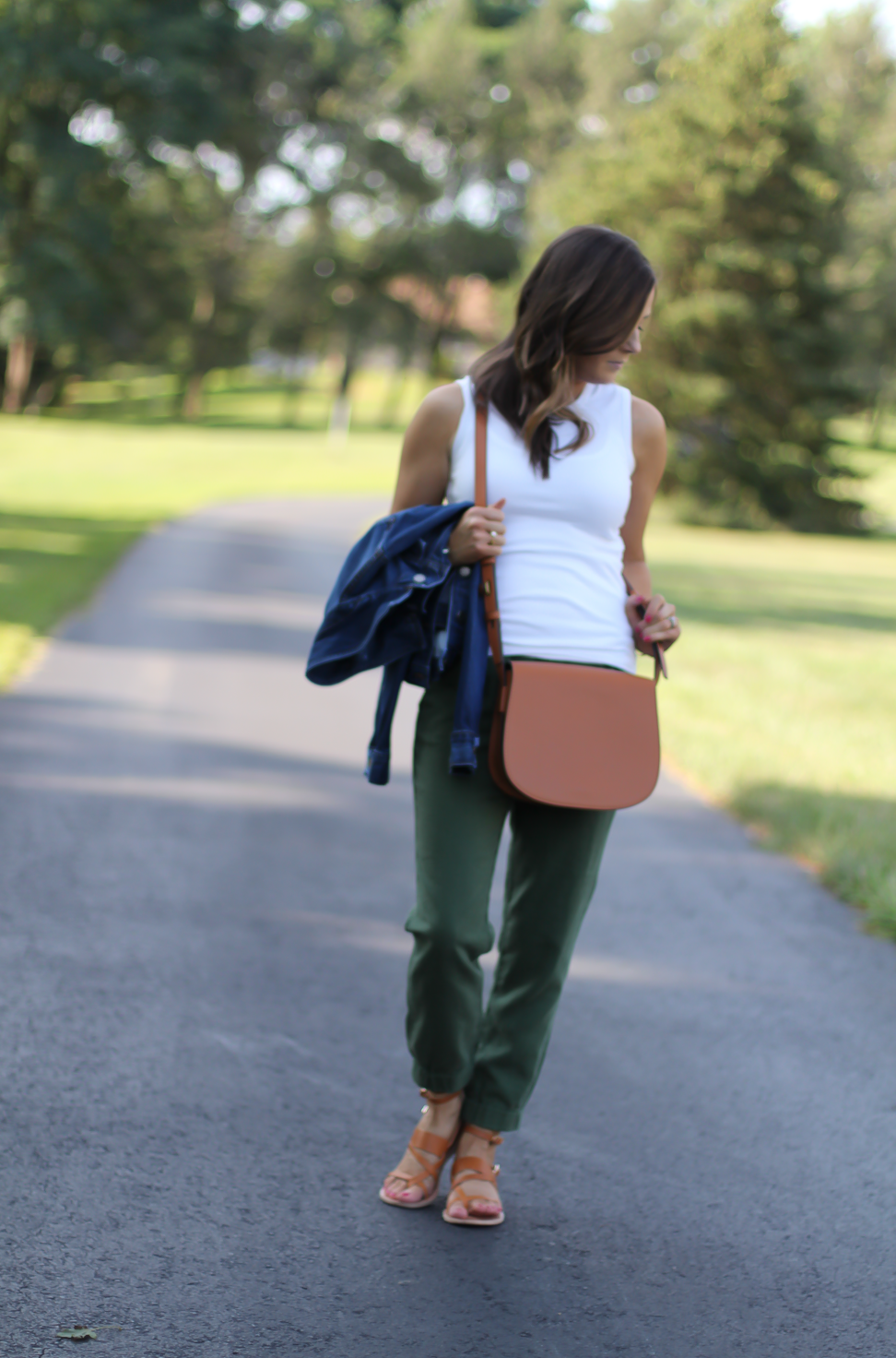 Army Green Joggers, White Sleeveless Shell Tee, Gladiator Sandals, Saddle Bag, J.Crew, tory Burch, Ancient Gladiator 7