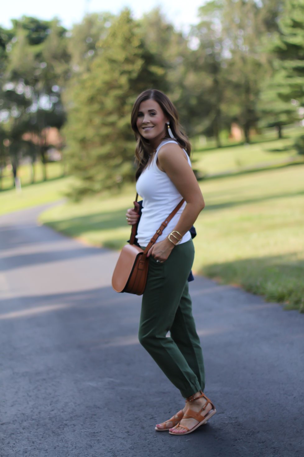 Army Green Joggers, White Sleeveless Shell Tee, Gladiator Sandals, Saddle Bag, J.Crew, tory Burch, Ancient Gladiator 9