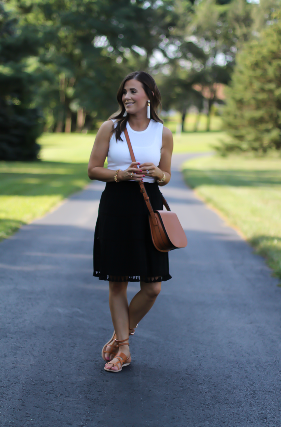 Black Tassel Skirt, White Sleeveless Tee, Tan Gladiator Sandals, White Tassel Earrings, Tan Saddlebag, Loft, J.Crew, Tory Burch, Ancient Gladiator 11