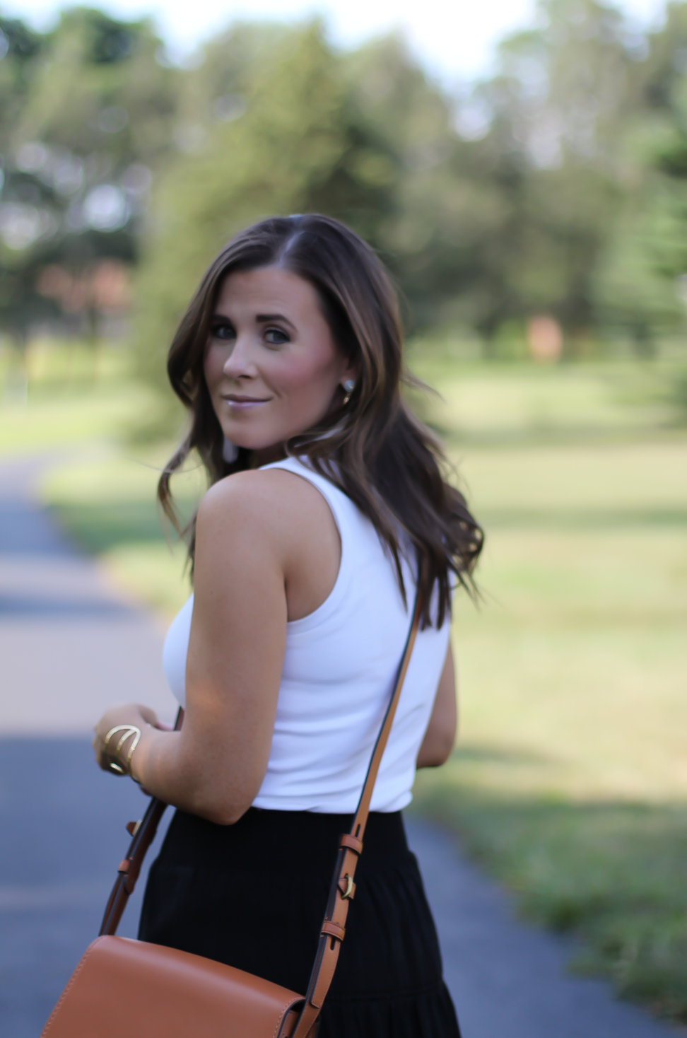 Black Tassel Skirt, White Sleeveless Tee, Tan Gladiator Sandals, White Tassel Earrings, Tan Saddlebag, Loft, J.Crew, Tory Burch, Ancient Gladiator 12