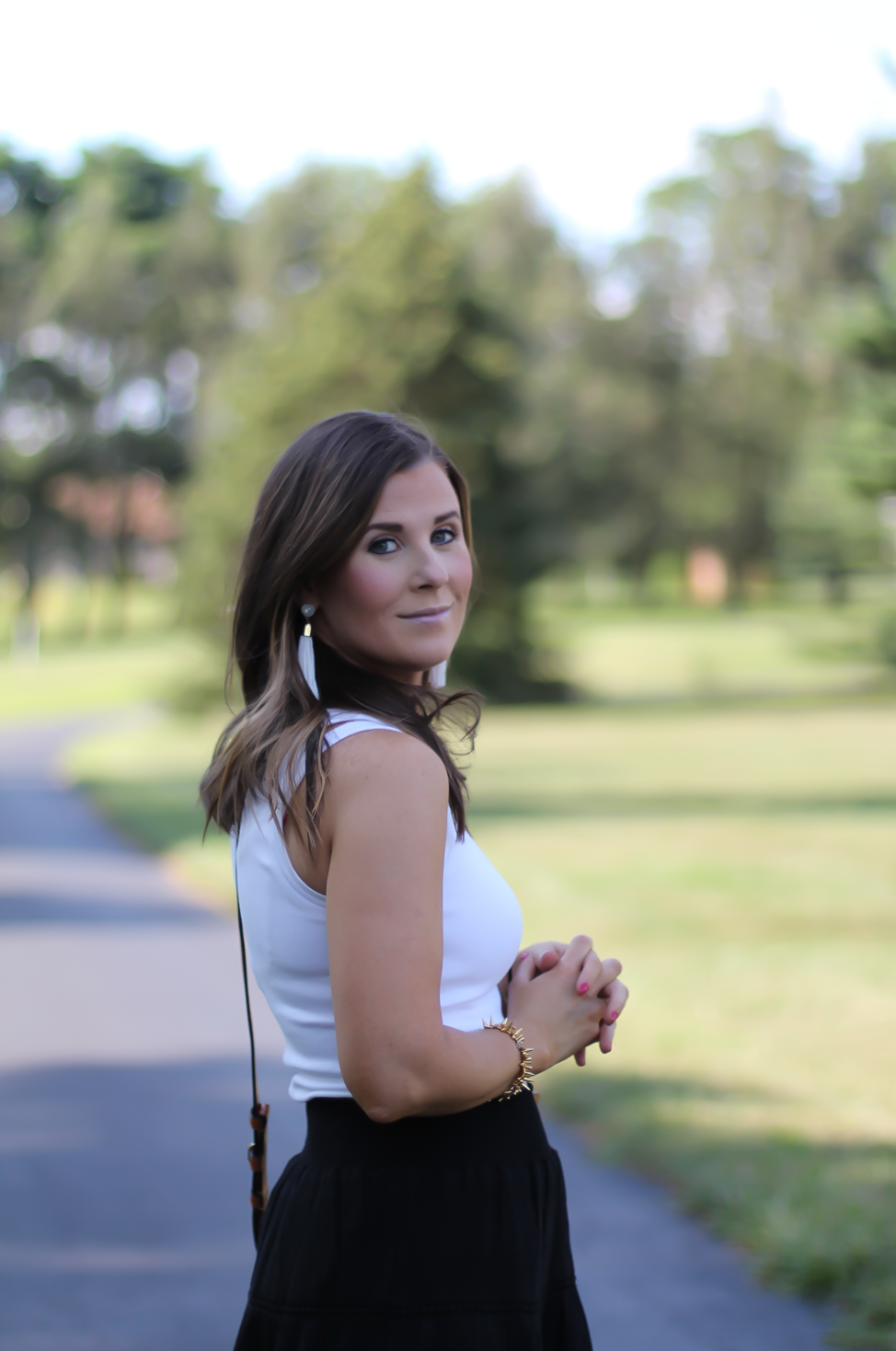 Black Tassel Skirt, White Sleeveless Tee, Tan Gladiator Sandals, White Tassel Earrings, Tan Saddlebag, Loft, J.Crew, Tory Burch, Ancient Gladiator 13