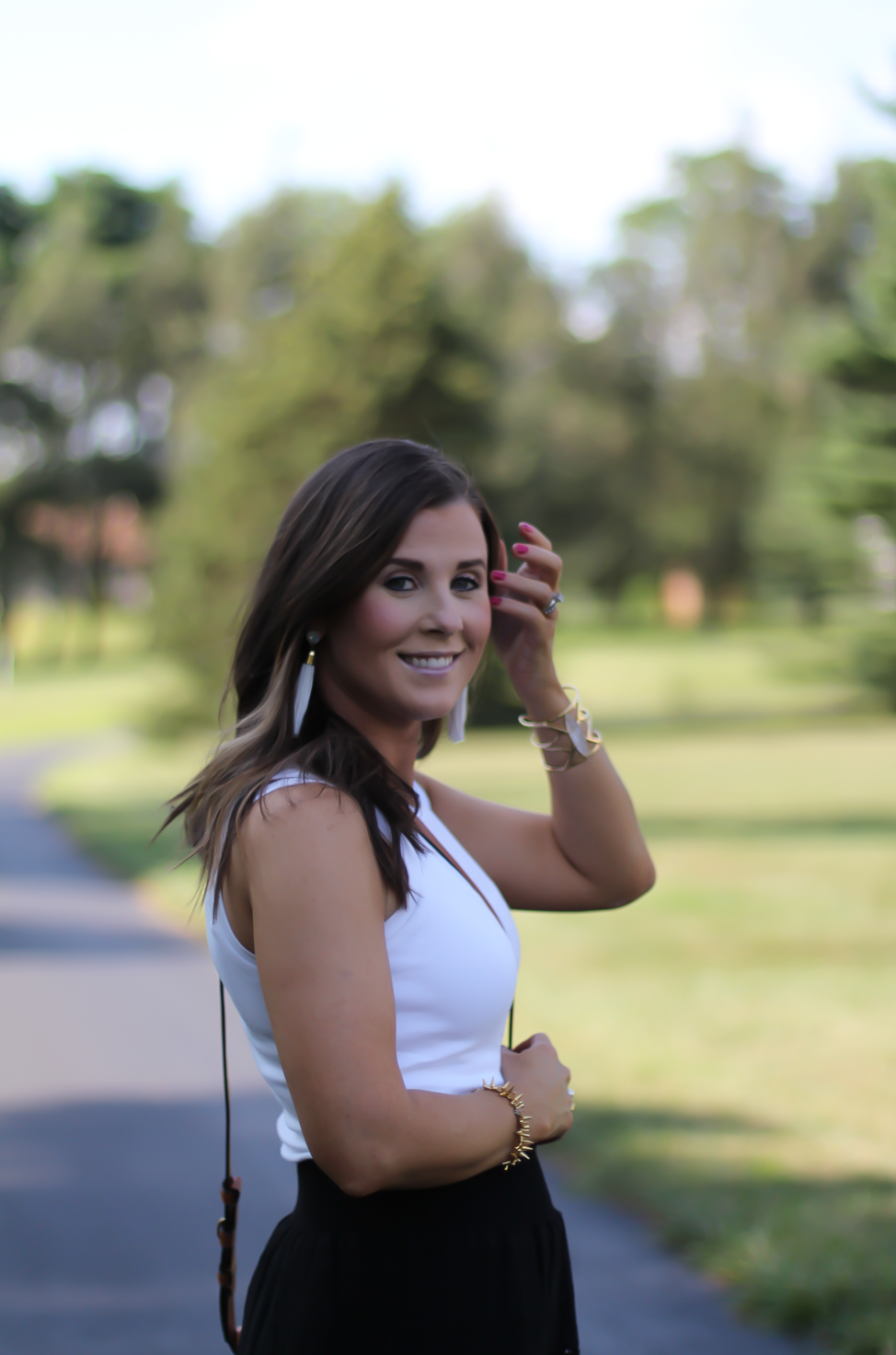 Black Tassel Skirt, White Sleeveless Tee, Tan Gladiator Sandals, White Tassel Earrings, Tan Saddlebag, Loft, J.Crew, Tory Burch, Ancient Gladiator 14