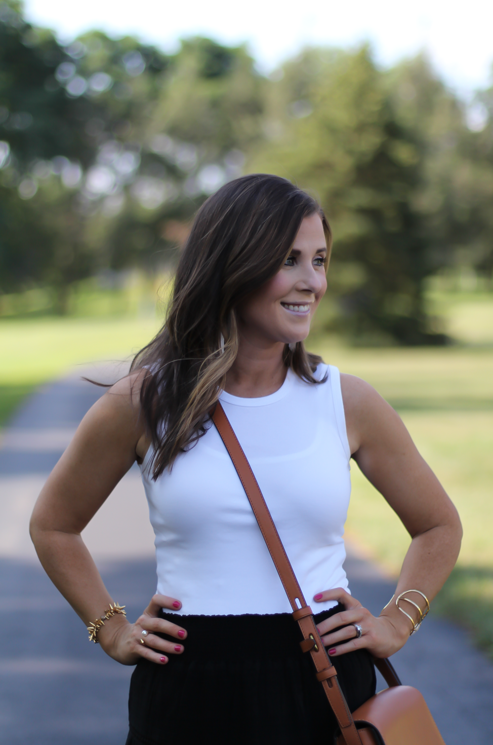 Black Tassel Skirt, White Sleeveless Tee, Tan Gladiator Sandals, White Tassel Earrings, Tan Saddlebag, Loft, J.Crew, Tory Burch, Ancient Gladiator 16