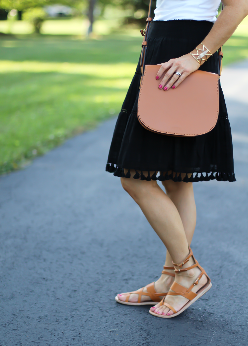 Black Tassel Skirt, White Sleeveless Tee, Tan Gladiator Sandals, White Tassel Earrings, Tan Saddlebag, Loft, J.Crew, Tory Burch, Ancient Gladiator 17