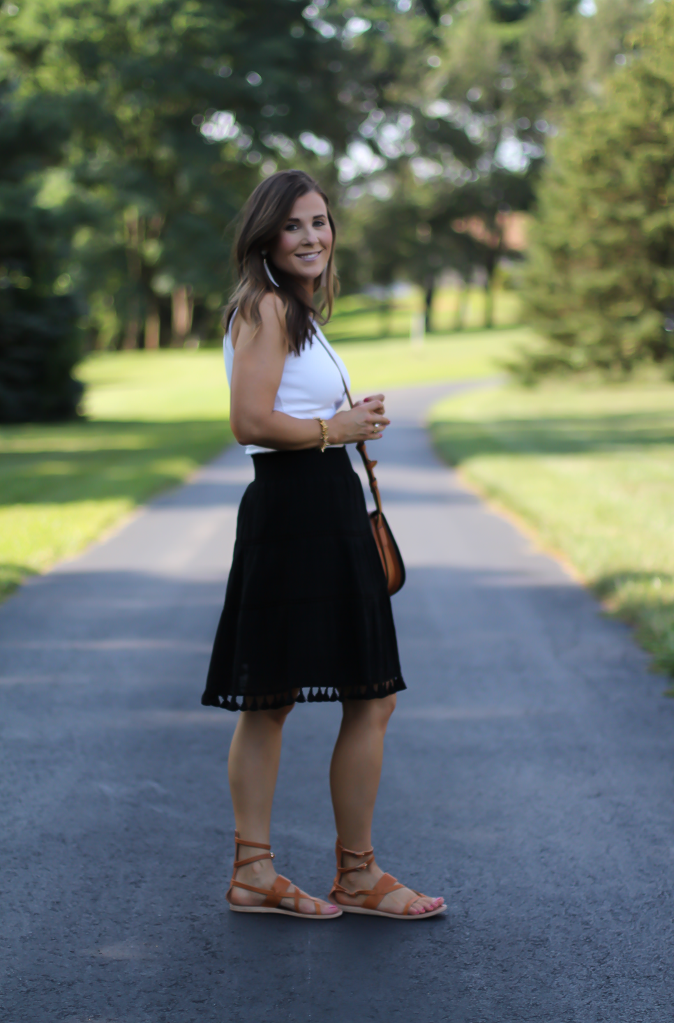 Black Tassel Skirt, White Sleeveless Tee, Tan Gladiator Sandals, White Tassel Earrings, Tan Saddlebag, Loft, J.Crew, Tory Burch, Ancient Gladiator 5