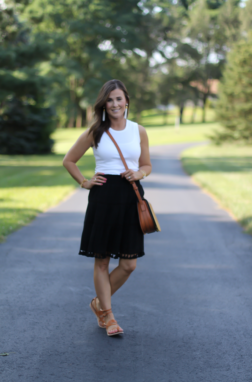 Black Tassel Skirt, White Sleeveless Tee, Tan Gladiator Sandals, White Tassel Earrings, Tan Saddlebag, Loft, J.Crew, Tory Burch, Ancient Gladiator 8