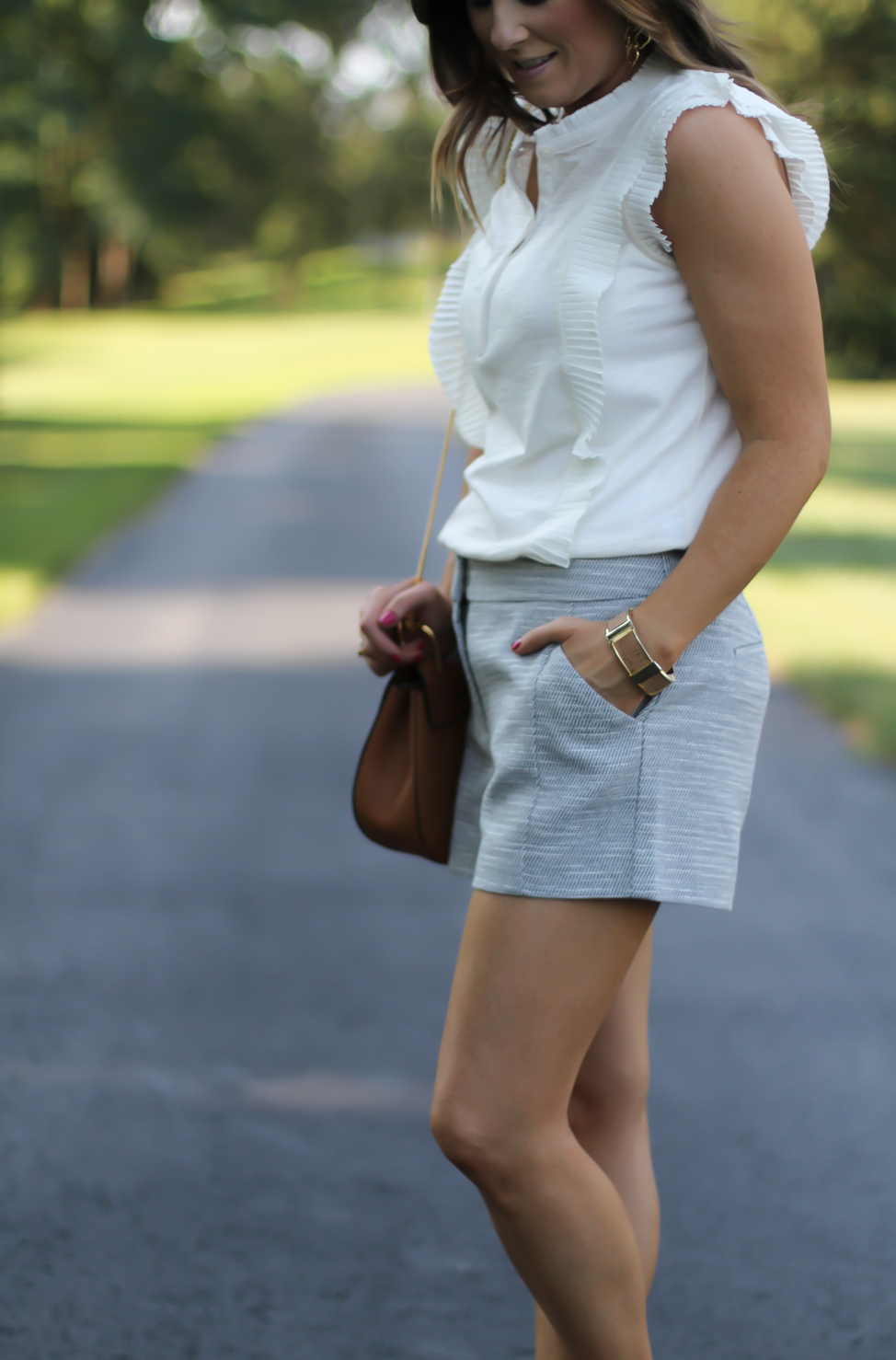 Grey Tweed Shorts, Ivory Ruffle Trim Sleeveless Top, Tan Wedge Platform Sandals, Tan Chain Strap Crossbody, Loft, Banana Republic, Ferragamo, Chloe, Stella & Dot 12