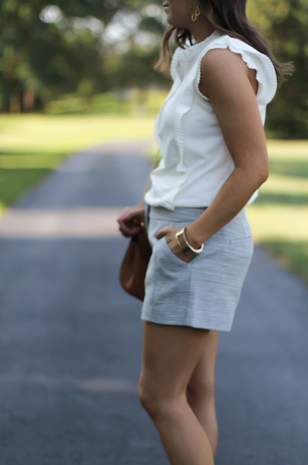 Grey Tweed Shorts, Ivory Ruffle Trim Sleeveless Top, Tan Wedge Platform Sandals, Tan Chain Strap Crossbody, Loft, Banana Republic, Ferragamo, Chloe, Stella & Dot 13