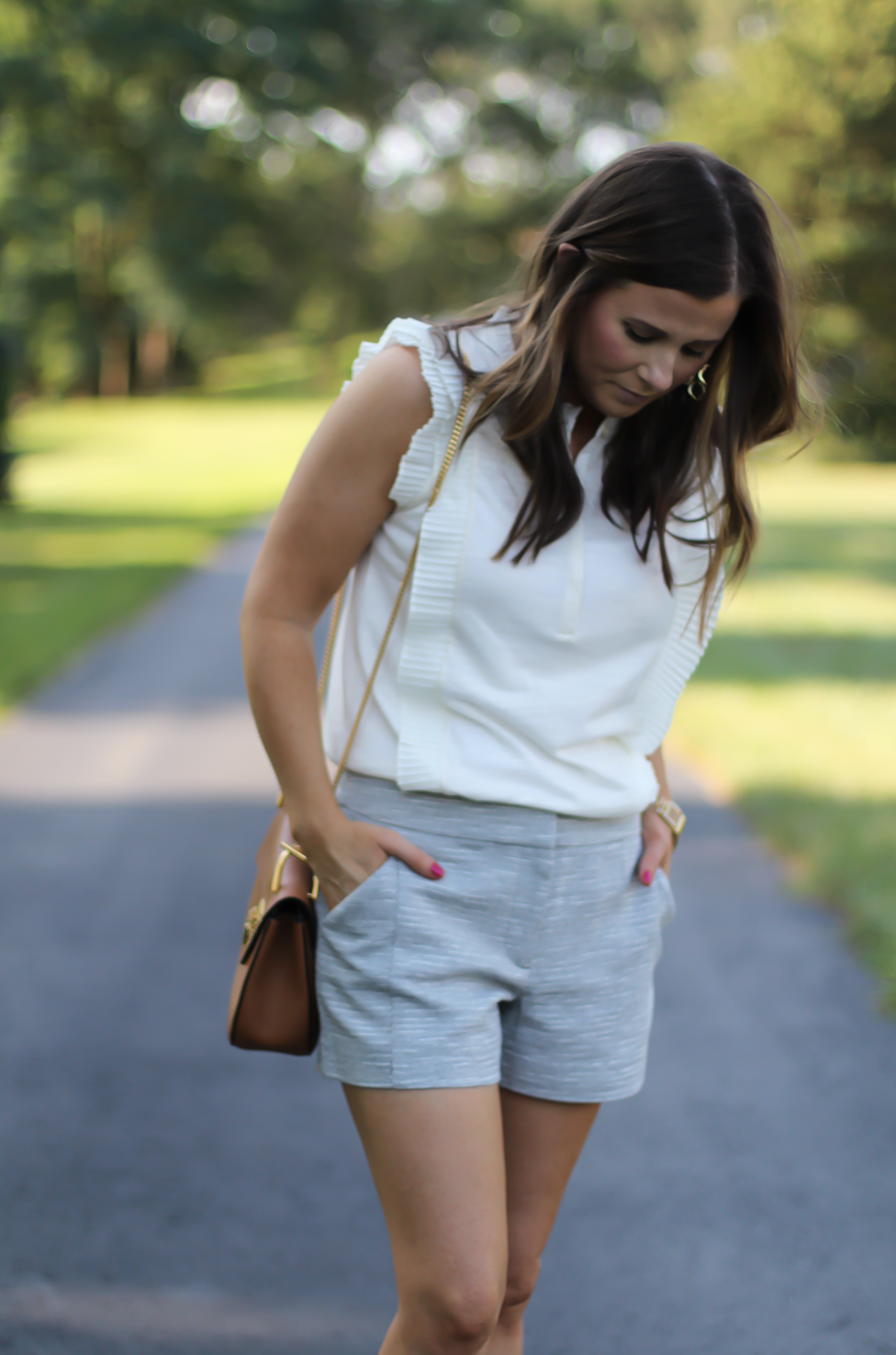 Grey Tweed Shorts, Ivory Ruffle Trim Sleeveless Top, Tan Wedge Platform Sandals, Tan Chain Strap Crossbody, Loft, Banana Republic, Ferragamo, Chloe, Stella & Dot 15