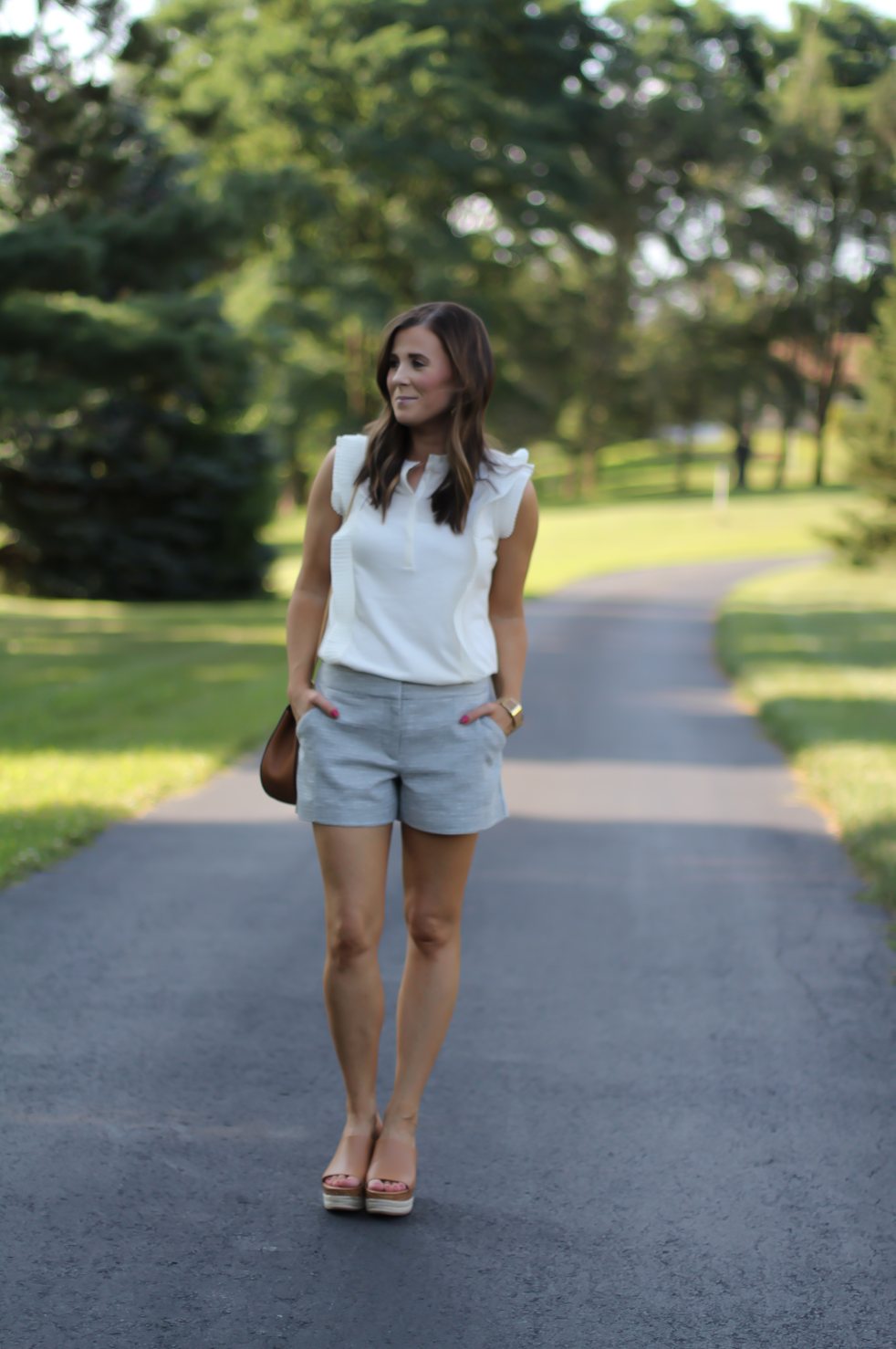 Grey Tweed Shorts, Ivory Ruffle Trim Sleeveless Top, Tan Wedge Platform Sandals, Tan Chain Strap Crossbody, Loft, Banana Republic, Ferragamo, Chloe, Stella & Dot 19