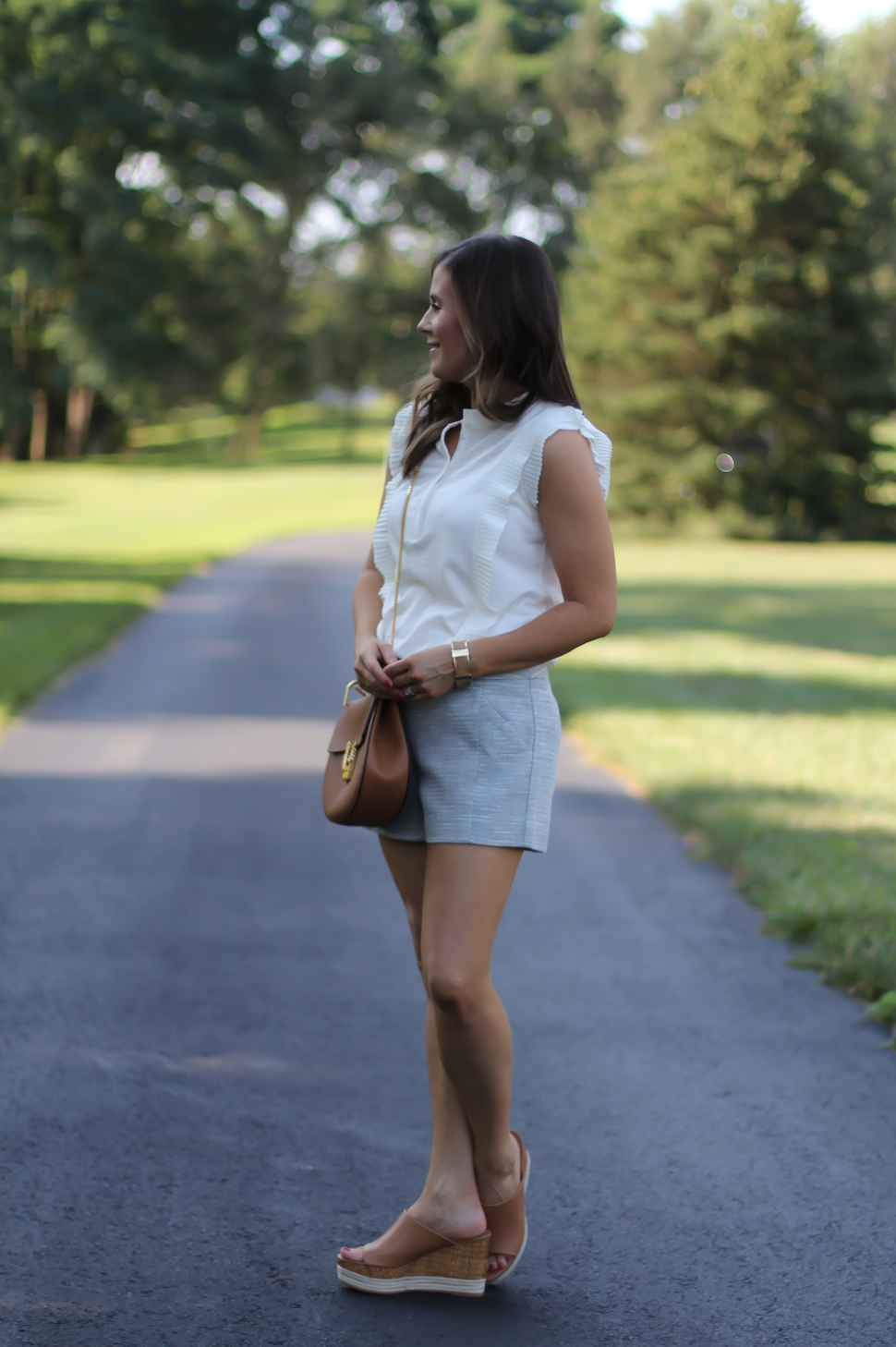 Grey Tweed Shorts, Ivory Ruffle Trim Sleeveless Top, Tan Wedge Platform Sandals, Tan Chain Strap Crossbody, Loft, Banana Republic, Ferragamo, Chloe, Stella & Dot 2