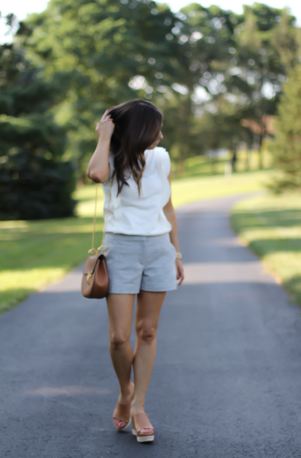 Grey Tweed Shorts, Ivory Ruffle Trim Sleeveless Top, Tan Wedge Platform Sandals, Tan Chain Strap Crossbody, Loft, Banana Republic, Ferragamo, Chloe, Stella & Dot 20